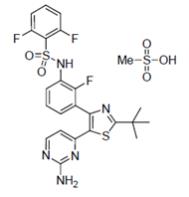 The following chemical structure for Dabrafenib mesylate is a kinase inhibitor. The chemical name for dabrafenib mesylate is N-{3-[5-(2-amino-4-pyrimidinyl)-2-(1,1-dimethylethyl)-1,3-thiazol-4-yl]-2-fluorophenyl}-2,6-difluorobenzene sulfonamide, methanesulfonate salt. It has the molecular formula C23H20F3N5O2S2CH4O3S and a molecular weight of 615.68. 