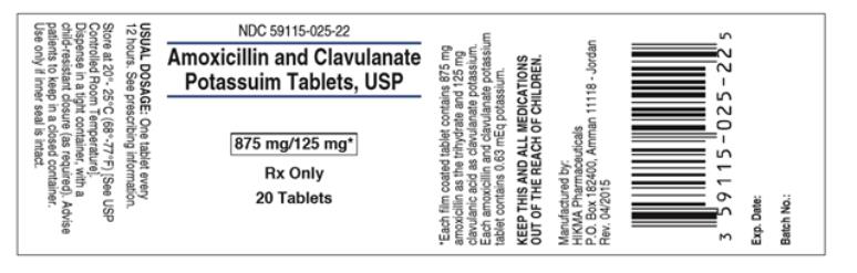 PRINCIPAL DISPLAY PANEL NDC: <a href=/NDC/59115-025-22>59115-025-22</a> Amoxicillin and Clavulanate Potassuim Tablets, USP 875 mg/ 125 mg Rx Only 20 Tablets