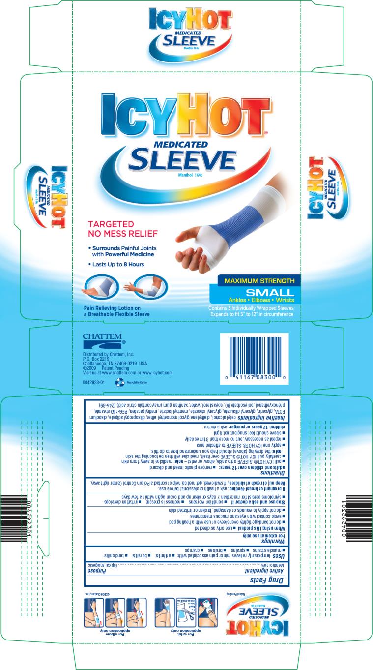 PRINCIPAL DISPLAY PANEL
ICY HOT® MEDICATED SLEEVE
Menthol 16%
SMALL
Ankles, Elbows and Wrists
Contains 3 Individually Wrapped Sleeves
Expands to fit 5” to 12” in circumference
