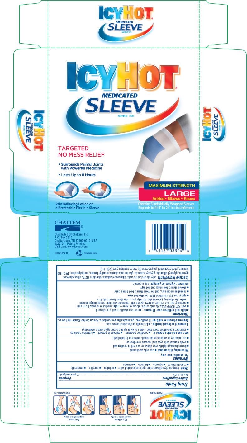 PRINCIPAL DISPLAY PANEL
ICY HOT® MEDICATED SLEEVE
Menthol 16%
LARGE
Ankles, Elbows and Knees
Contains 3 Individually Wrapped Sleeves
Expands to fit 8” to 24” in circumference