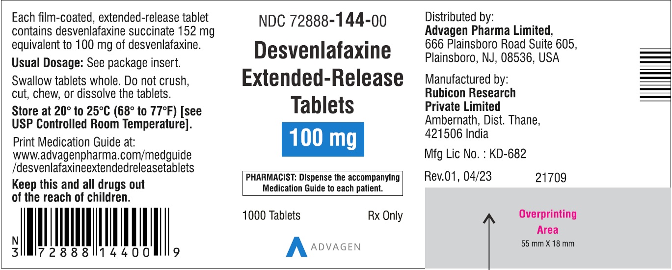 Desvenlafaxine Extended-Release Tablets 100 mg - NDC: <a href=/NDC/72888-144-00>72888-144-00</a> - 1000 Tablets Label