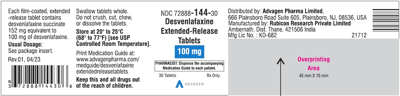 Desvenlafaxine Extended-Release Tablets 100 mg - NDC: <a href=/NDC/72888-144-30>72888-144-30</a> - 30 Tablets Label