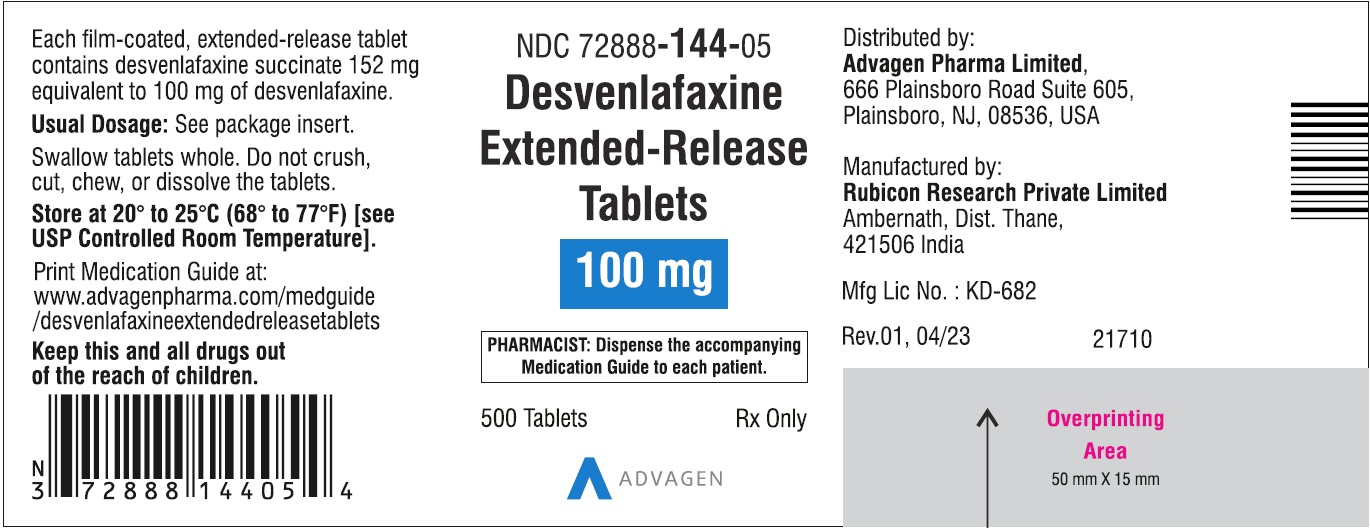 Desvenlafaxine Extended-Release Tablets 100 mg - NDC: <a href=/NDC/72888-144-05>72888-144-05</a> - 500 Tablets Label