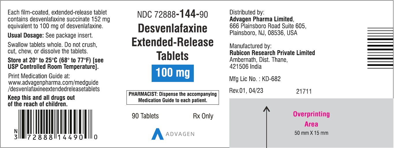 Desvenlafaxine Extended-Release Tablets 100 mg - NDC: <a href=/NDC/72888-144-90>72888-144-90</a> - 90 Tablets Label