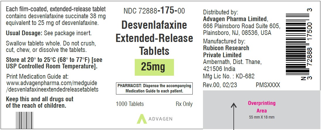 Desvenlafaxine Extended-Release Tablets 25 mg - NDC: <a href=/NDC/72888-175-00>72888-175-00</a>- 1000 Tablets Label