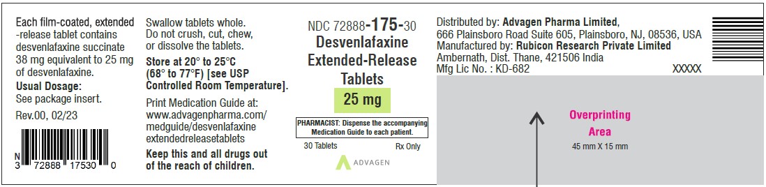 Desvenlafaxine Extended-Release Tablets 25 mg - NDC: <a href=/NDC/72888-175-30>72888-175-30</a>- 30 Tablets Label