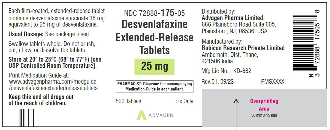 Desvenlafaxine Extended-Release Tablets 25 mg - NDC: <a href=/NDC/72888-175-05>72888-175-05</a>- 500 Tablets Label