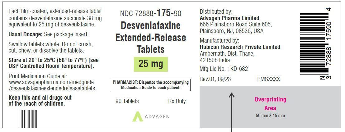 Desvenlafaxine Extended-Release Tablets 25 mg - NDC: <a href=/NDC/72888-175-90>72888-175-90</a>- 90 Tablets Label