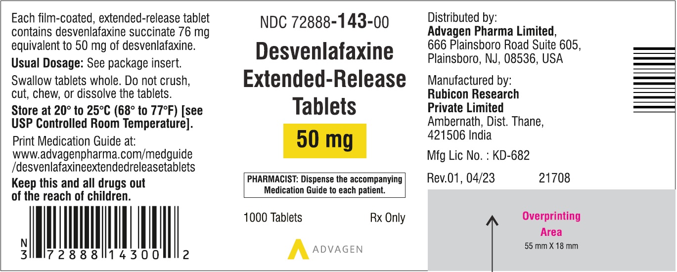 Desvenlafaxine Extended-Release Tablets 50 mg - NDC: <a href=/NDC/72888-143-00>72888-143-00</a> - 1000 Tablets Label