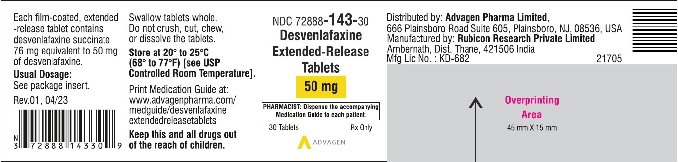 Desvenlafaxine Extended-Release Tablets 50 mg - NDC: <a href=/NDC/72888-143-30>72888-143-30</a> - 30 Tablets Label