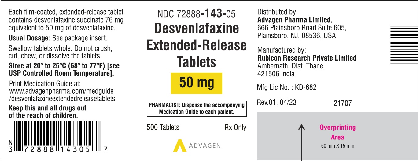 Desvenlafaxine Extended-Release Tablets 50 mg - NDC: <a href=/NDC/72888-143-05>72888-143-05</a> - 500 Tablets Label