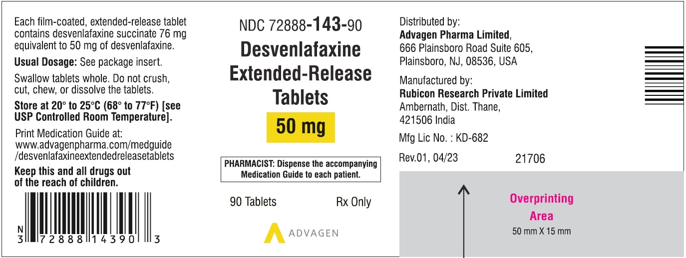Desvenlafaxine Extended-Release Tablets 50 mg - NDC: <a href=/NDC/72888-143-90>72888-143-90</a> - 90 Tablets Label