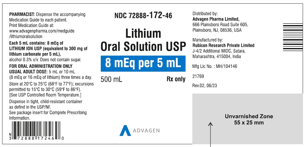 Lithium Oral Solution, USP 8mEq per 5mL - NDC: <a href=/NDC/72888-172-46>72888-172-46</a> - 500 mL Bottle Label