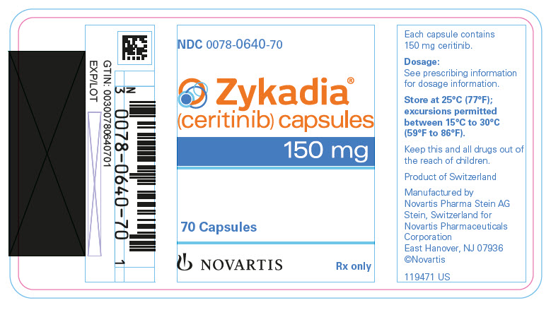 PRINCIPAL DISPLAY PANEL

NDC: <a href=/NDC/0078-0640-70>0078-0640-70</a>
Zykadia ®
(ceritinib) capsules 
150 mg
70 Capsules
NOVARTIS
Rx Only