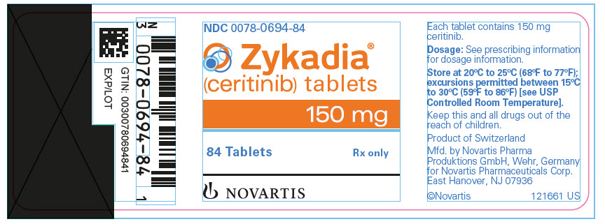 PRINCIPAL DISPLAY PANEL

NDC: <a href=/NDC/0078-0694-84>0078-0694-84</a>
Zykadia ®
(ceritinib) tablets 
150 mg
84 Tablets
NOVARTIS
Rx Only